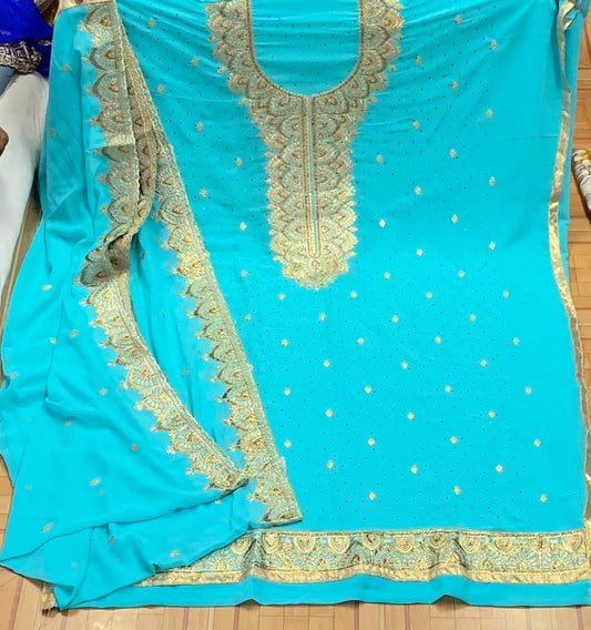 Firozi Color Faux Georgette Machine Diamond Embroidered Designer Work Salwar Suit