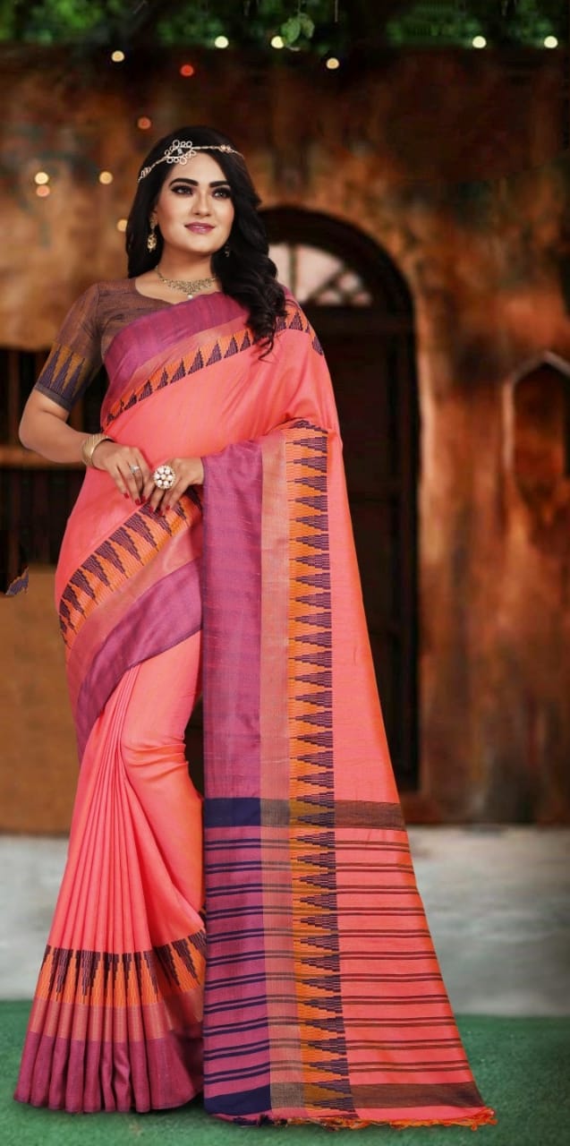 Brick Color Cotton Silk Printed Border Designer Function Wear Saree Blouse