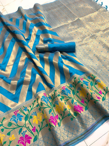 Intricate Firozi Color All Over Jacquard Work Rich Pallu Banarasi Silk Saree Blouse For Function Wear