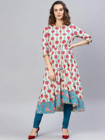 Multi Colored Floral Asymmetric Flared Party Wear Kurti AVADH1060103D