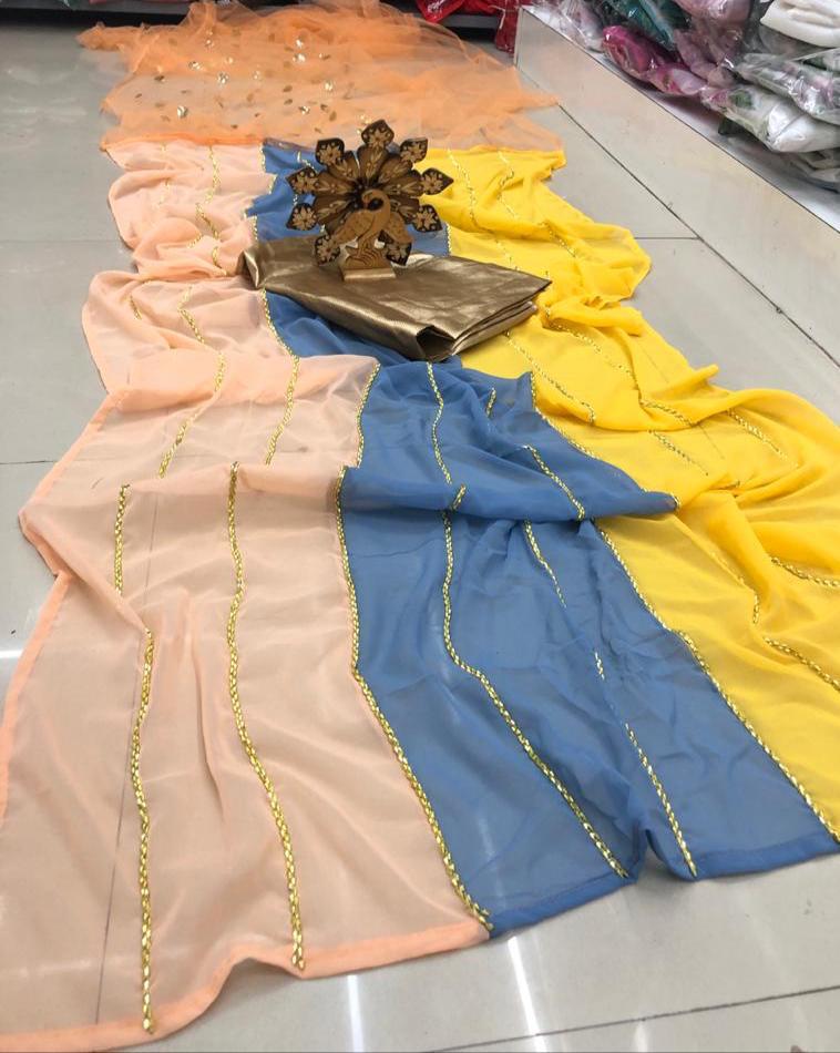 Awesome Peach Designer Georgette With Net Sequence Lace fancy designer saree