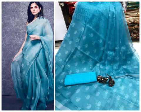 Azure Color Festive Wear Designer Organza Digital Printed Saree Blouse For Women