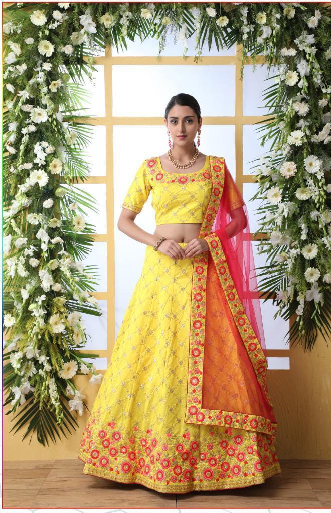 Yellow Color Wedding Wear Art Silk Sequence Zari Thread Embroidered Work Lehenga Choli