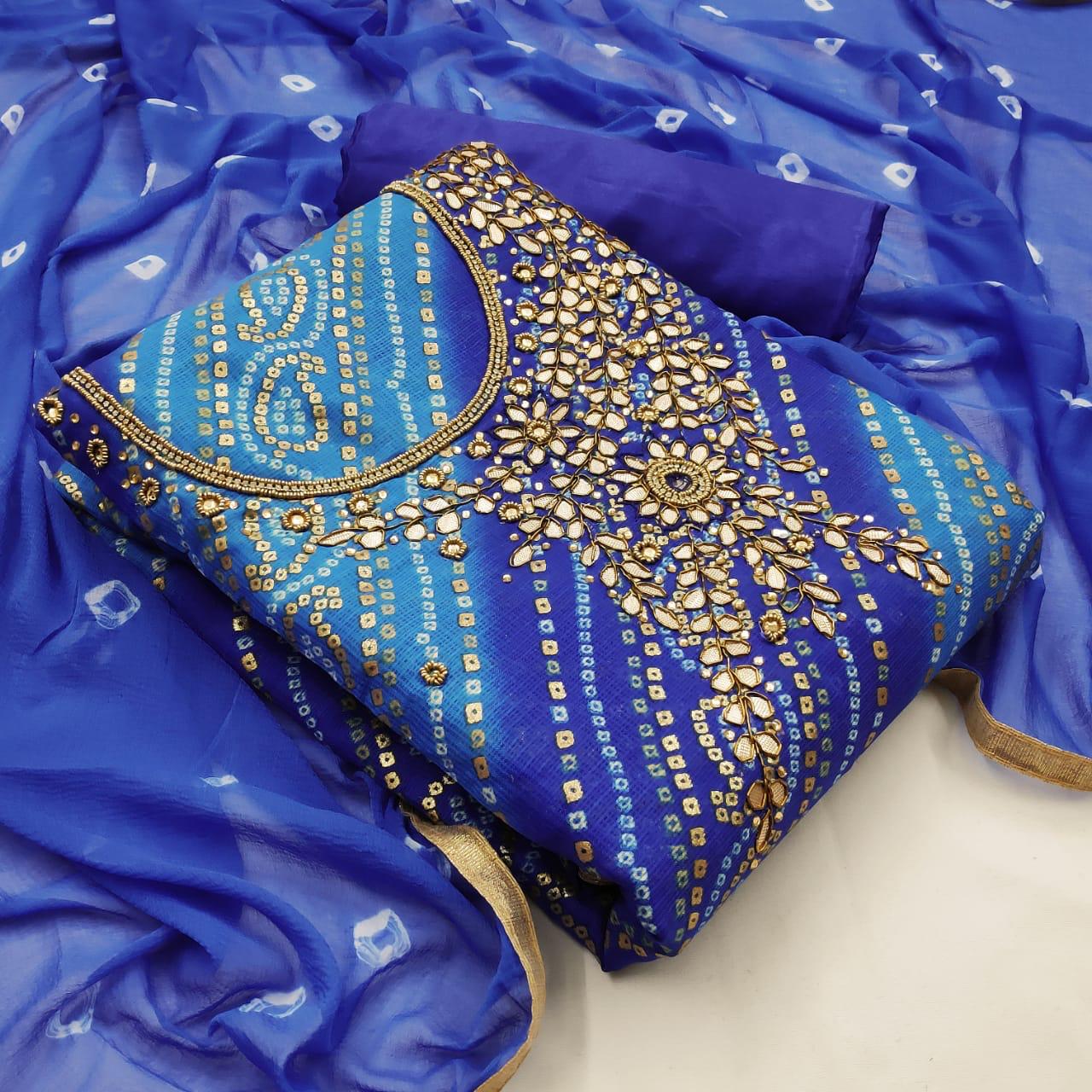 Color Banarasi Silk Bandhej Foil Hand Work Salwar Suit For Party Wear