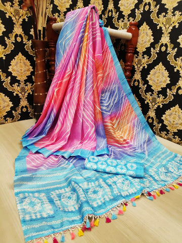 Carolina Color Designer Digital Printed Leheriya Linen Saree Blouse For Function Wear