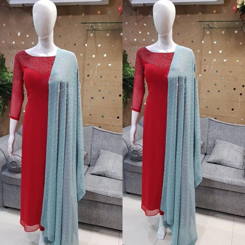 Arresting Red Color Full Stitched Festive Wear Faux Georgette Diamond Work Salwar Suit