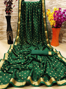 Dark Green Color Function Wear Vichitra Silk Ton To Ton Jacquard Piping Banglori Lace Foil Work Saree Blouse