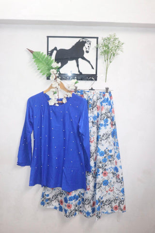 Blue Color Full Stitched Rayon Moti Work Top Skirt For Party Wear