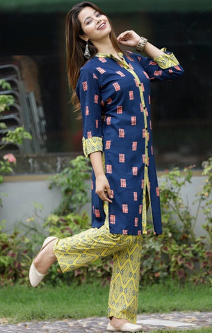 Latest Blue Color Rayon Printed Kurta with Yellow Plazo Readymade Collection
