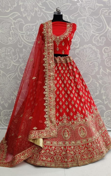 Red Color Designer Satin Silk Zari Dori Work Diamond Touch Up Lehenga Choli For Wedding Wear