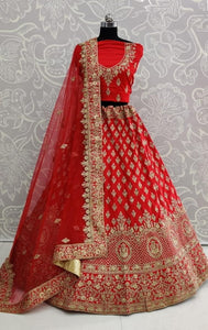 Red Color Designer Satin Silk Zari Dori Work Diamond Touch Up Lehenga Choli For Wedding Wear