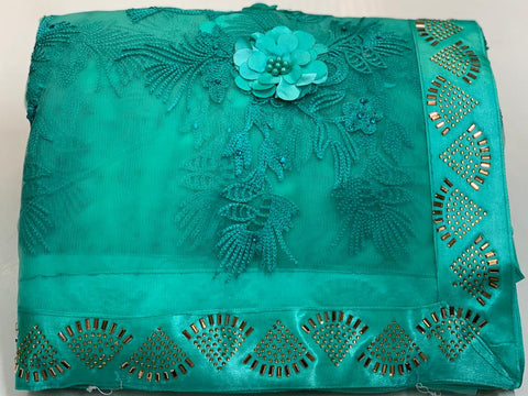 Aqua Color Wedding Wear Soft Net Fancy Rubin Work Flower With Hot Fix Diamond Border Saree Blouse