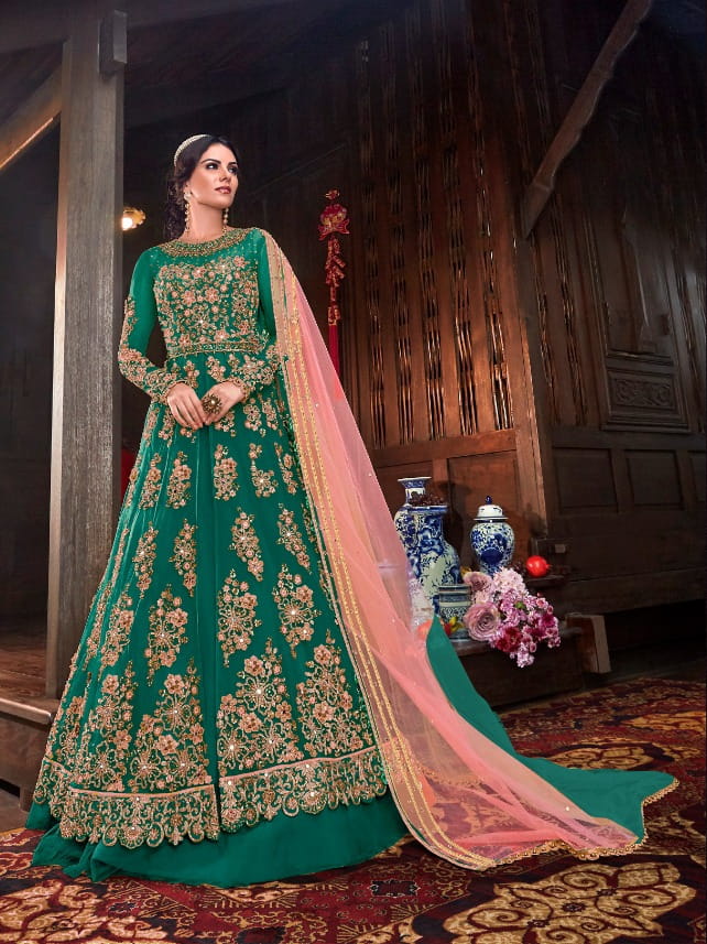 Rama Color Designer Heavy Butterfly Net Multi Zari Sequence Codding Embroidered Stone Mirror Work Salwar Suit For Festive Wear