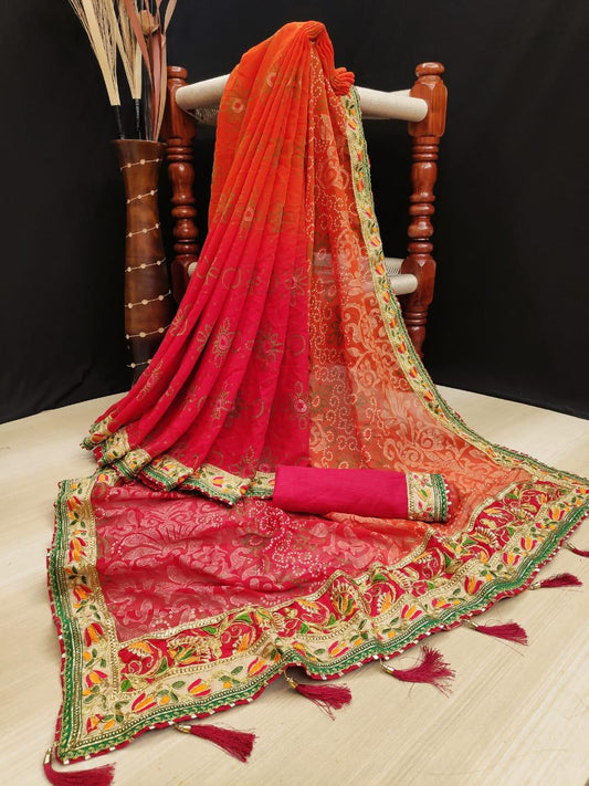 Opulent Orange Color Bandhej Georgette Printed Thread Gotta Patti Work Border Saree Blouse For Women