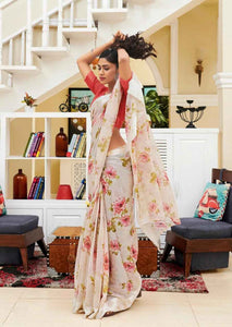 Gray & Red Colored Party Wear Flower Digital Print Linen Saree