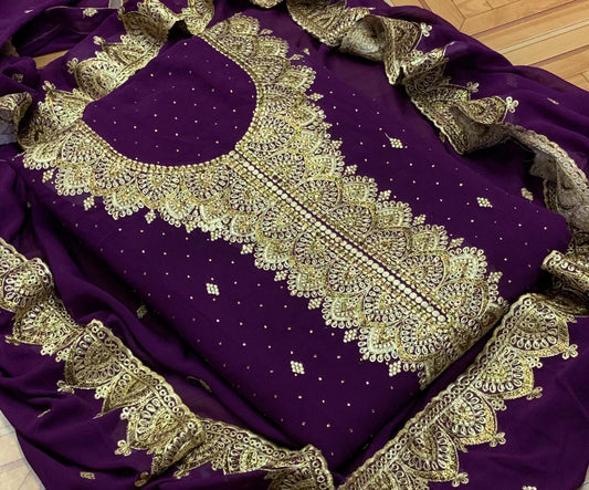 Wine Color Faux Georgette Machine Diamond Embroidered Work Salwar Suit For Festive Wear