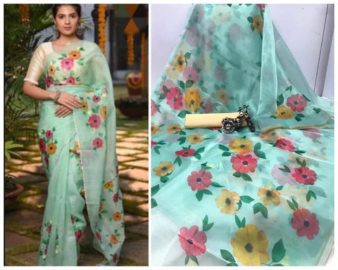 Emerald Color Designer Organza Digital Printed Saree Blouse For Women