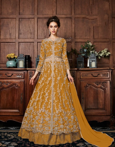 Apricot Color Designer Butterfly Net Embroidered Dori Patti Codding Stone Work Salwar Suit For Function Wear