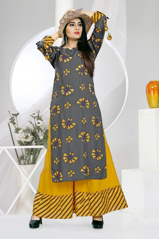 Heavy Rayon Printed Stone Work Full Stitched Plazo Kurti For Party Wear