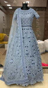 Grey Color Designer Festive Wear Net Embroidered Thread Stone Pasting Work Gown