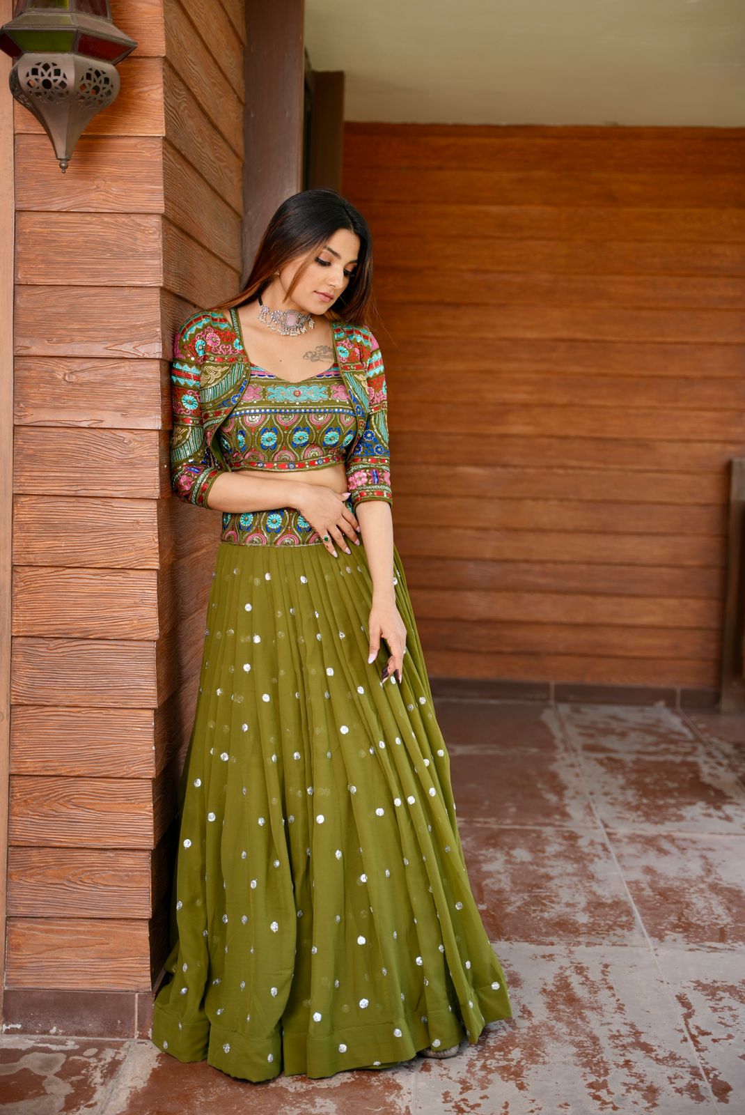 Party Wear Green Color Stitched Embroidered Lehenga With Koti