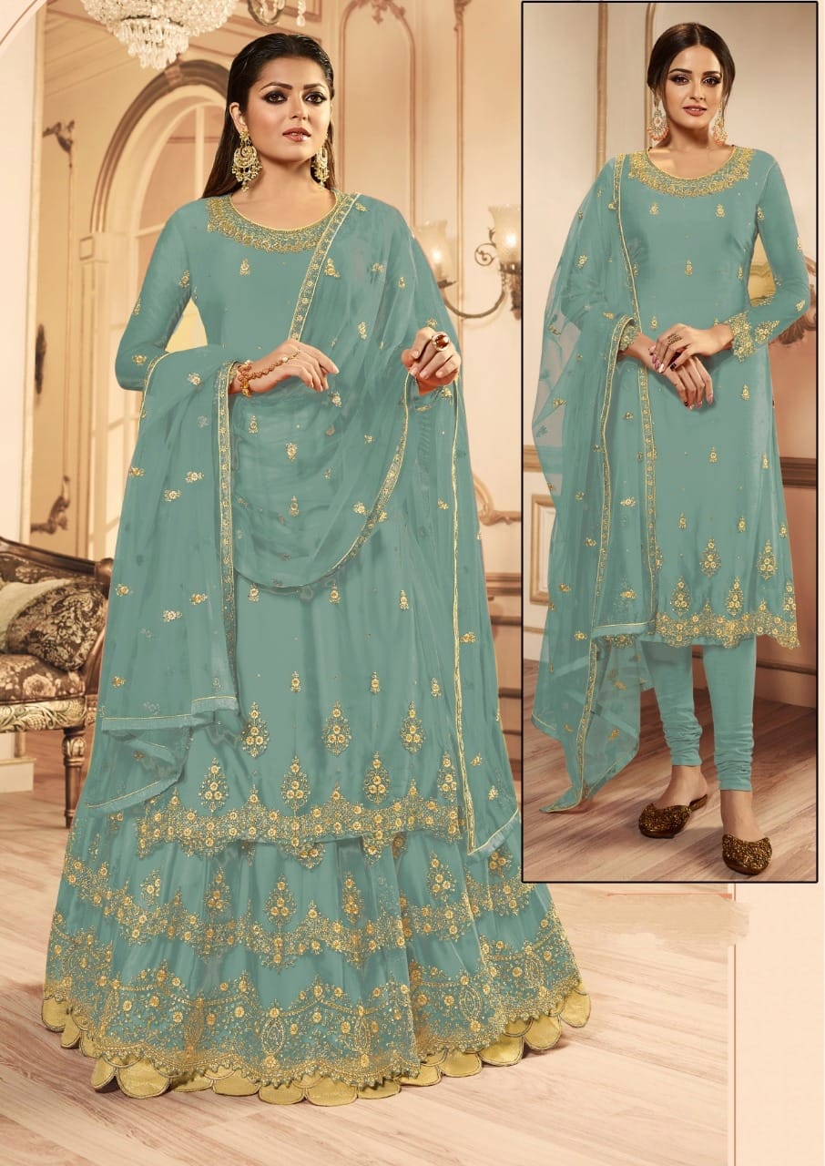 Air Force Color Multi Zari Stone Embroidered Work Designer Butterfly Net Salwar Suit For Function Wear