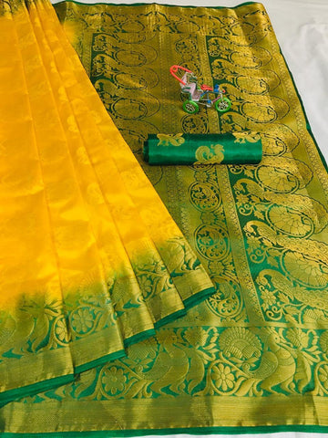 Yellow Color Wedding Wear Nylon Silk Rich Pallu Saree Blouse For Women