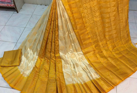 Pretty Mustard Color Fancy Nylon Silk With Rich Pallu Saree Blouse For Function Wear