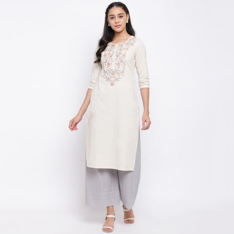 Delightful Off White Color Ready Made Cotton Embroidered Work Kurti For Festive Wear