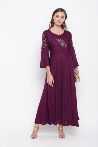 Purple Colored Rayon Hand Work Readymade Long Kurti Design Online