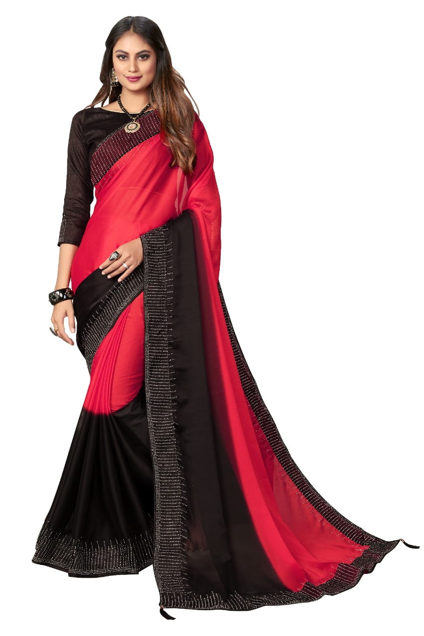 Carmine Color Satin Silk Machine Stone HB Diamond Work Designer Saree Blouse For Women