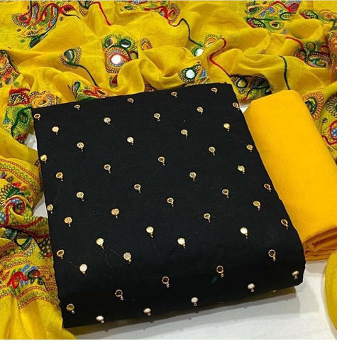 Festive Wear Black Color Cotton Designer Mirror Work Salwar Suit For Women