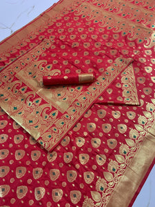 Burgundy Color Soft Pure Banarasi Handloom Silk Mina Zari Weaving Brocade Pallu Saree Blouse