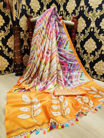 Amber Color Designer Linen Leheriya Digital Printed Saree Blouse For Women