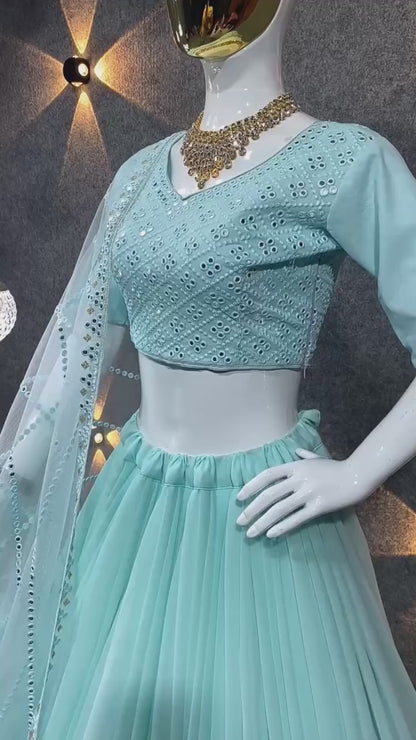 Light Cyan Colour Embroidered Attractive Party Wear Georgette Lehenga Choli