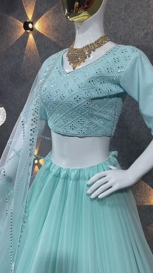Light Cyan Colour Embroidered Attractive Party Wear Georgette Lehenga Choli