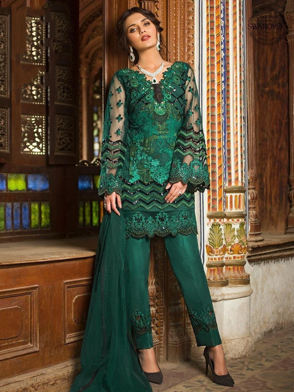 Pine Color Designer Embroidered Sequence Work Butterfly Net Salwar Suit