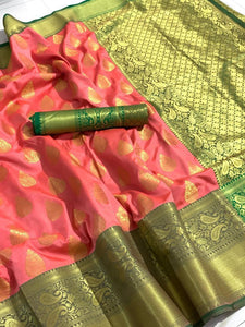 Punch Color Banarasi Silk Zari Weaving Brocade Contrast Pallu Saree Blouse