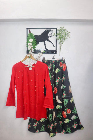 Red Color Festive Wear Rayon Moti Work Full Stitched Skirt Top For Women