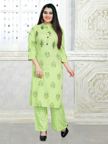 Preferable Light Green Color Full Stitched Rayon Printed Hand Work Plazo Kurti For Festive Wear