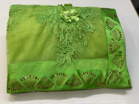 Kelly Color Designer Soft Net Fancy Rubin Work Flower With Hot Fix Diamond Border Saree Blouse