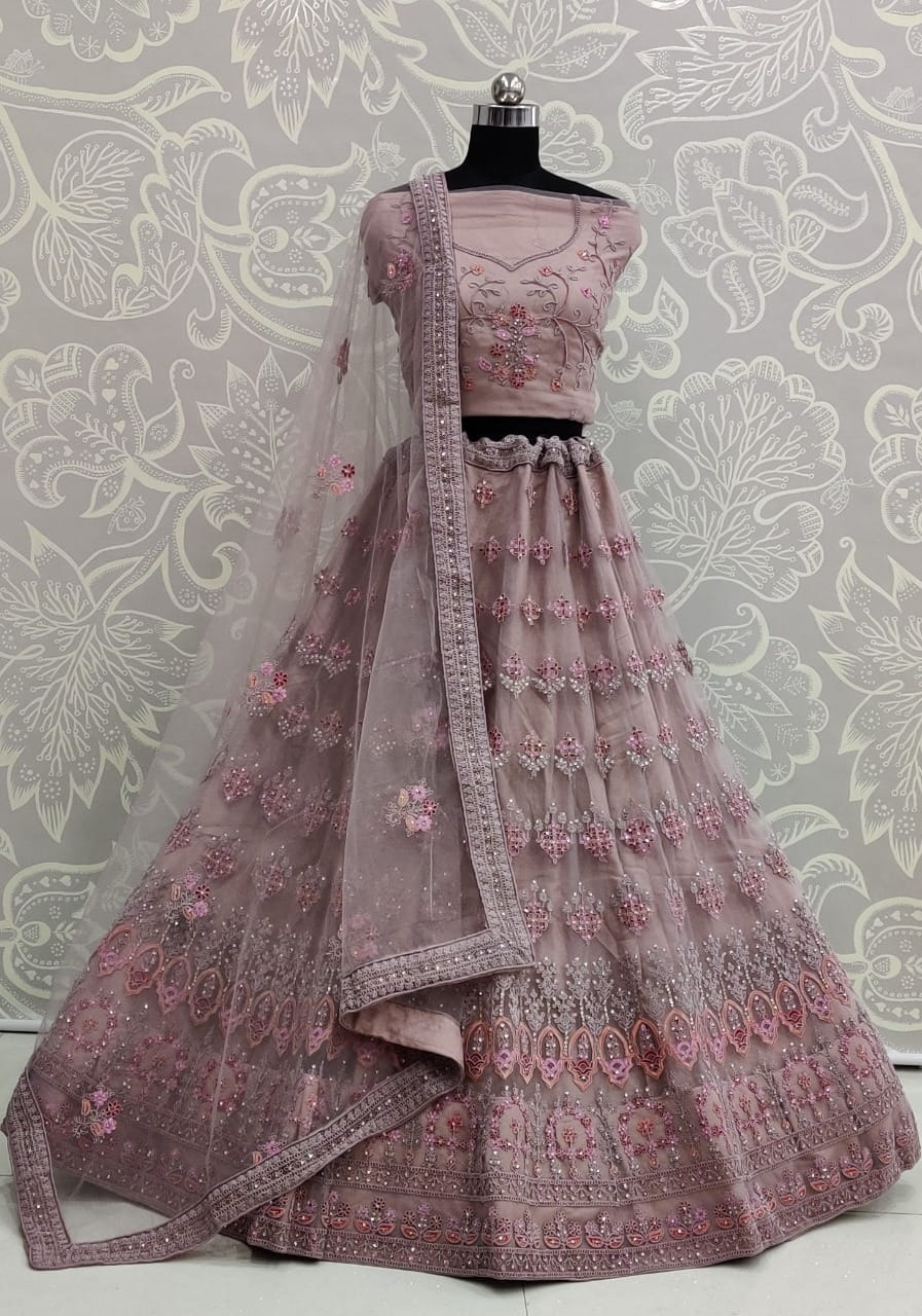 Pretty Lilac Color Heavy Net Multi Thread Resham Embroidered Work Wedding Wear Lehenga Choli