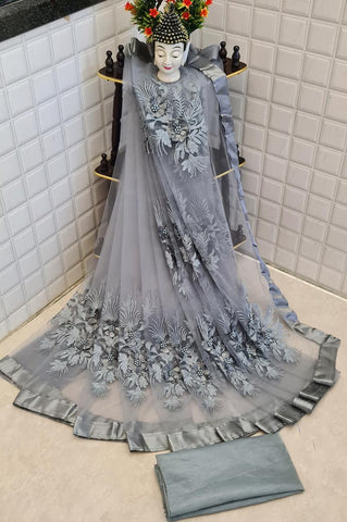 Party Wear Grey Color Designer Soft Net Embroidered Stone Flower Pearl Work Saree Blouse
