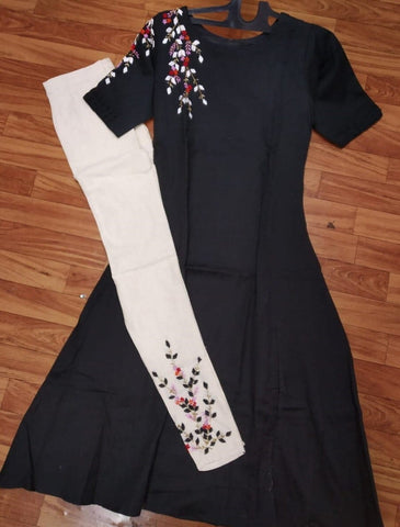 Black Color Ready Made Flex Cotton Hand Work Pent Kurti For Festive Wear
