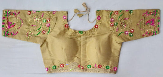 Flax Color Thread Diamond Hand Work Designer Fantom Silk Ready Made Blouse For Wedding Wear