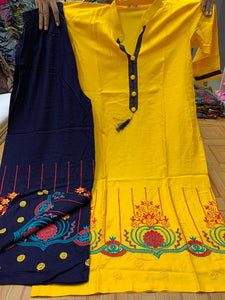Yellow Color Cotton Rayon Ton To Ton Thread Embroidered Work Full Stitched Plazo Kurti For Women