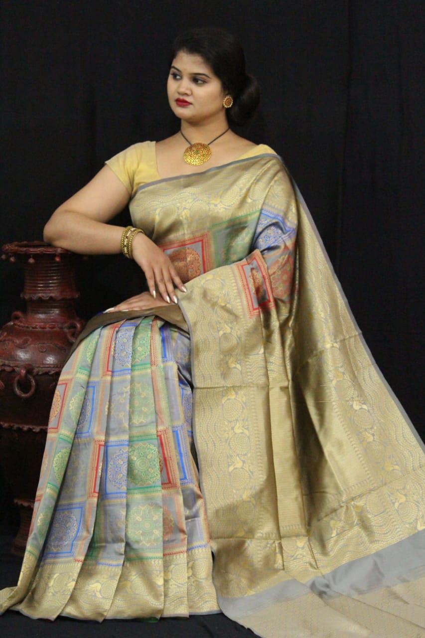 Multi Color Cotton Silk All Over Weaving Rich Pallu Saree Blouse For Women