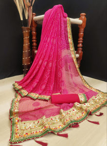 Magenta Color Georgette Printed Bandhej Thread Gotta Patti Work Border Saree Blouse For Wedding Wear