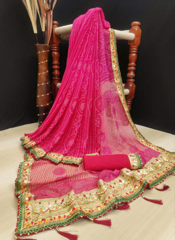 Magenta Color Georgette Printed Bandhej Thread Gotta Patti Work Border Saree Blouse For Wedding Wear