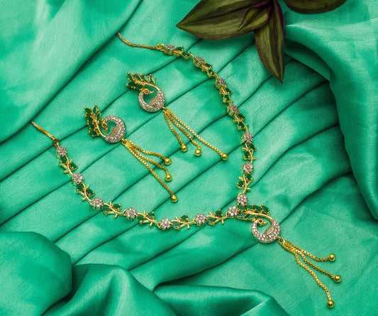 Green Color Diamond Artificial Necklace Set For Party Wear